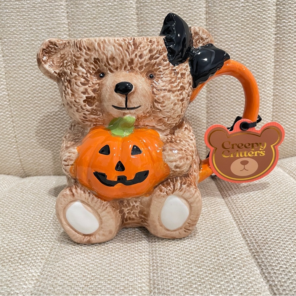 NEW Creepy Critters Halloween Teddy Bear Pumpkin Ceramic Mug 27oz Brown Orange